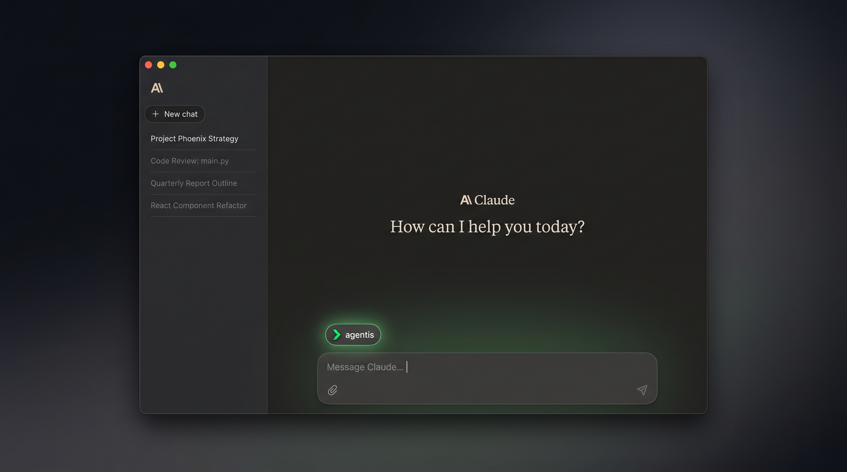 The Claude desktop app with the agentis MCP connector attached, ready for input